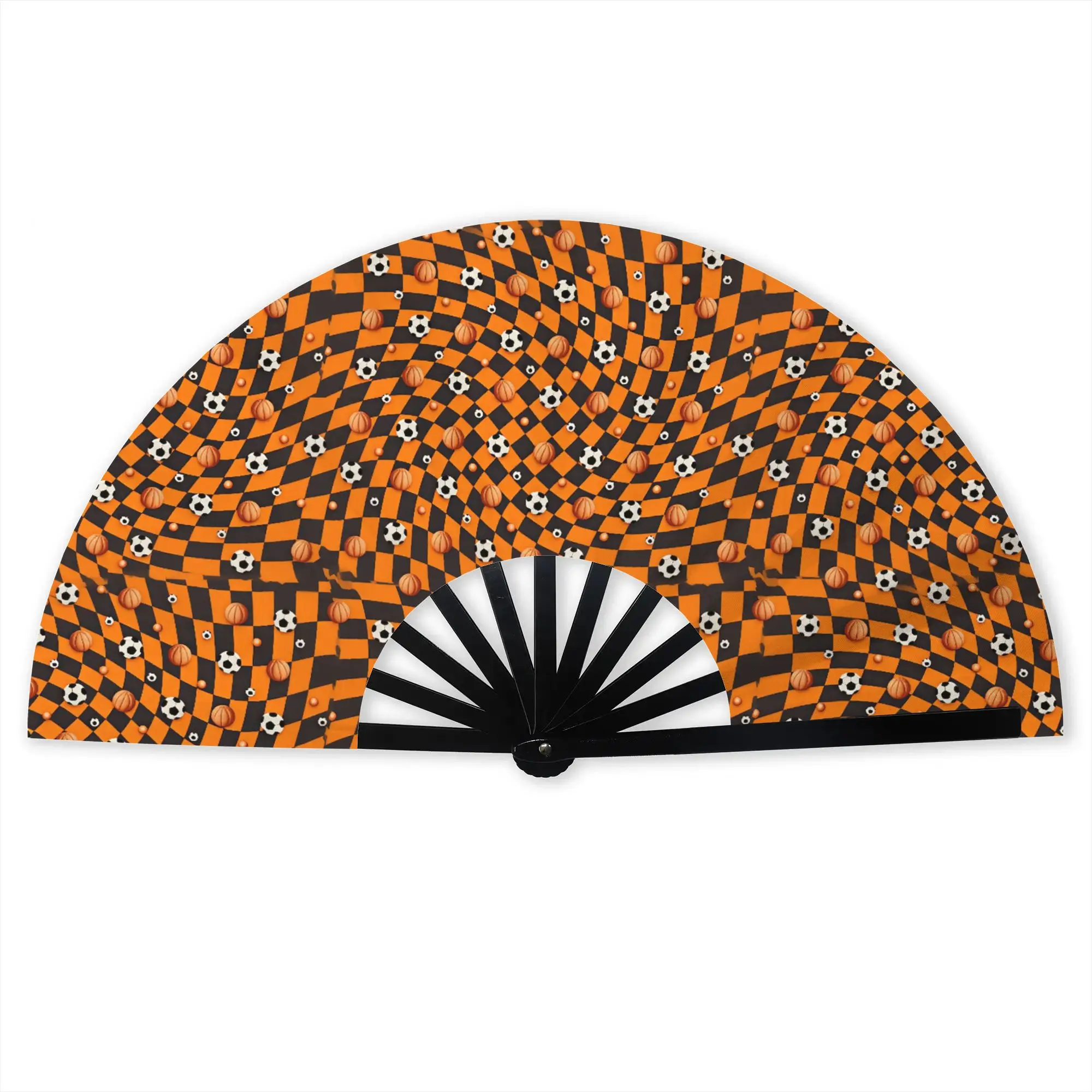 Checkered Basketball Soccer  Traditional Folding Fan  Football Wavy Distorted Effect  High-Quality Fans Gift Decorative Hand Fan