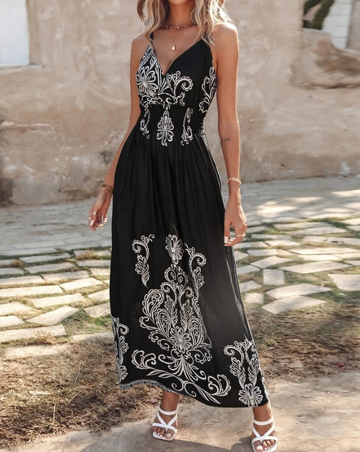 

2024 Women's Summer Dress Tribal Printed Butterfly Lace Elegant Hollow Back Long Dress