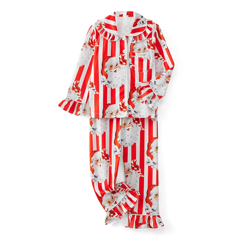 Hirigin المرأة 2 قطعة الساتان عيد الميلاد منامة مجموعة عطلة طباعة طويلة الأكمام ملابس خاصة سانتا زر أسفل الأسرة مطابقة Pj مجموعة
