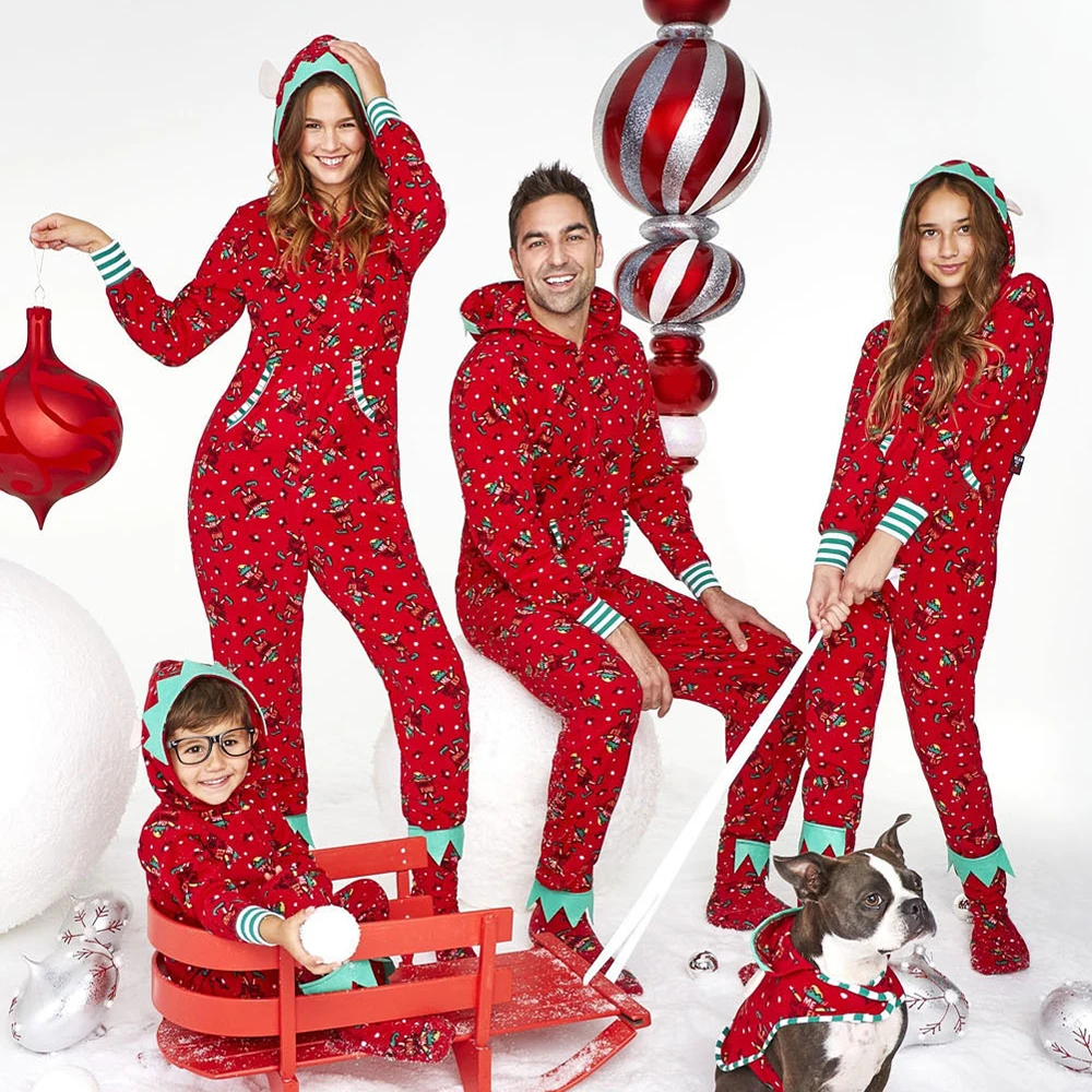 

Unisex Father Mom Children Red Holiday Pajama Boy Girl Christmas Elf Costume Outfits Adult Kids Family Matching Onesies Hooded