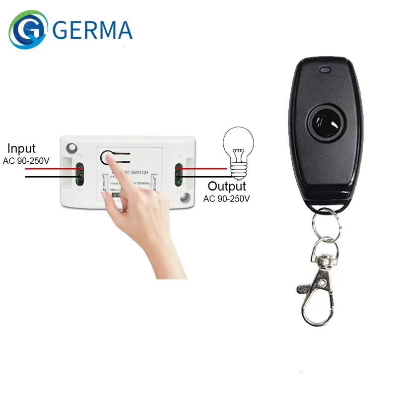 GERMA 433Mhz RF 1 przycisk Pilot zdalnego sterowania 433MHz AC 110V 220V 1 CH RF Przekaźnik Moduł odbiornika Przełącznik do lamp LED Wentylatory DIY