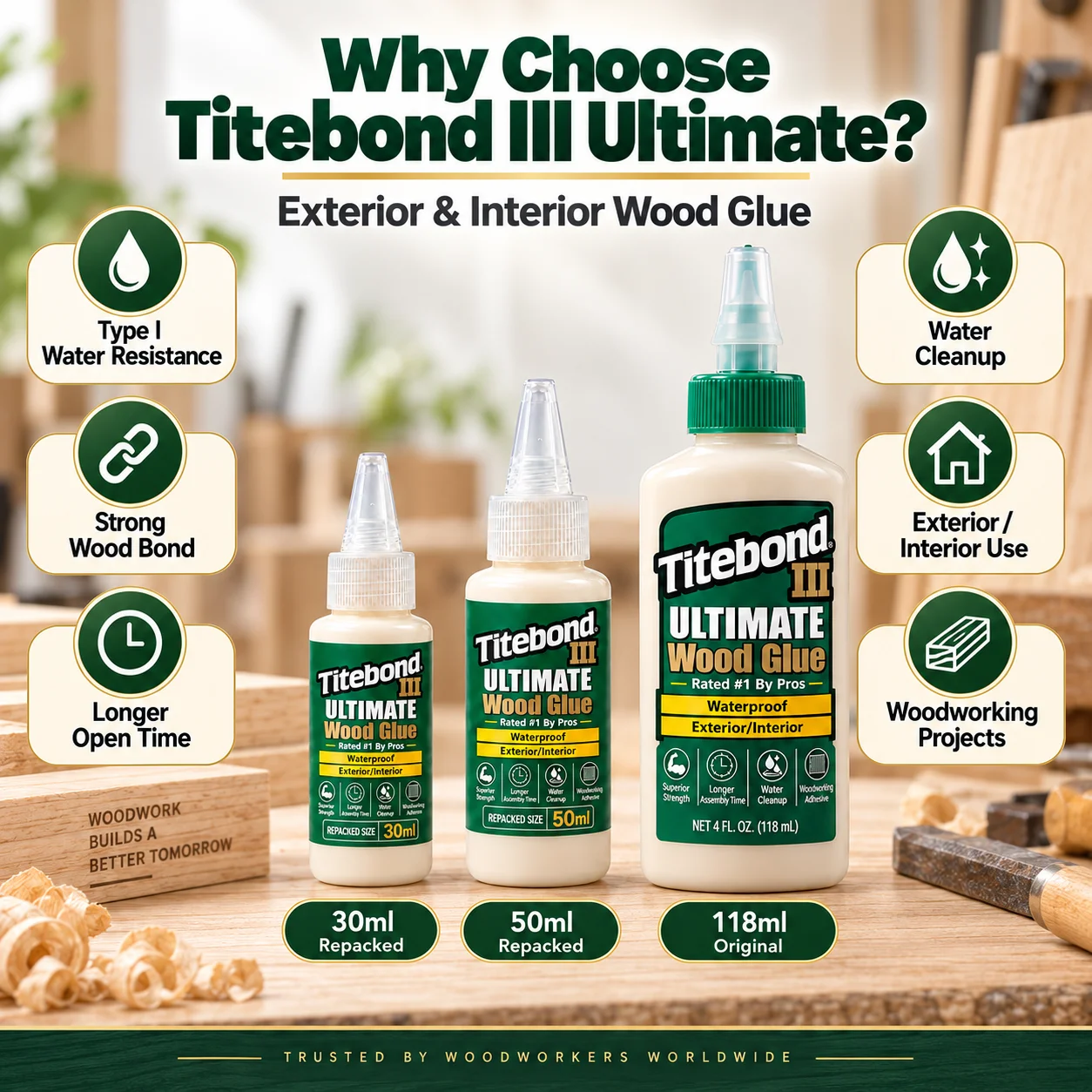 Titebond III Ultimate Wood Glue Waterproof Strong Bond Adhesive for Indoor Outdoor Woodworking Furniture DIY 30ml 50ml 118ml