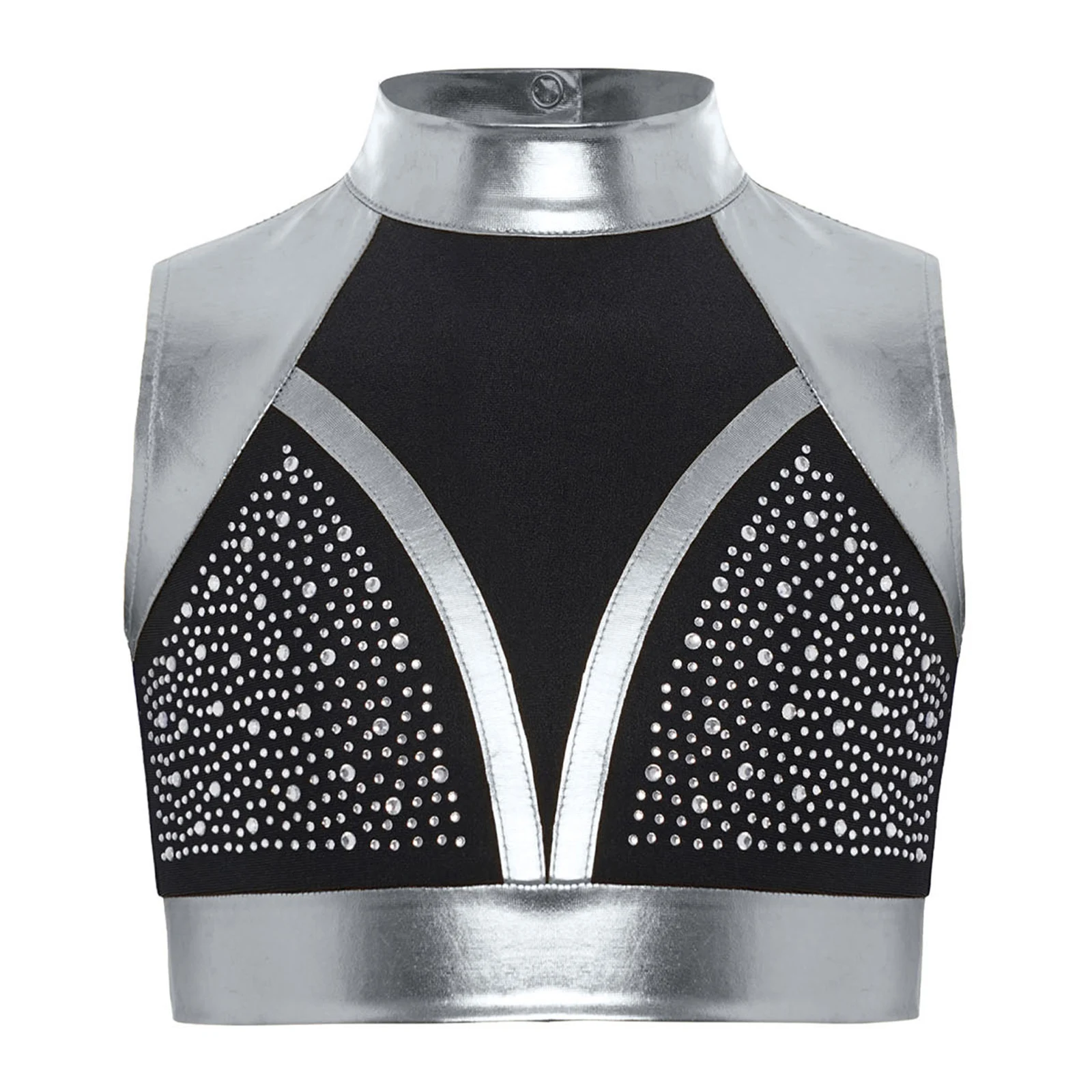 Kids Girls Jazz Dance Tops Retro 80s Disco Costume Sleeveless Cutout Back Shiny Rhinestones Color Block Metallic Tank Crop Top