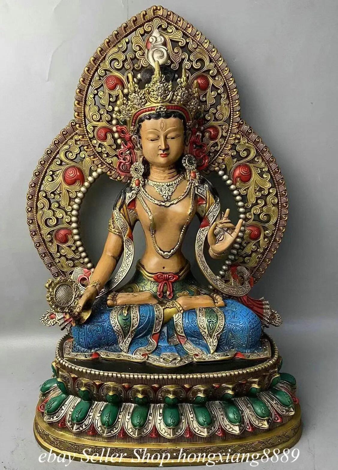 

Old Xizang Copper Gold Plated Painting White Tara Mercy Muse Statue -
