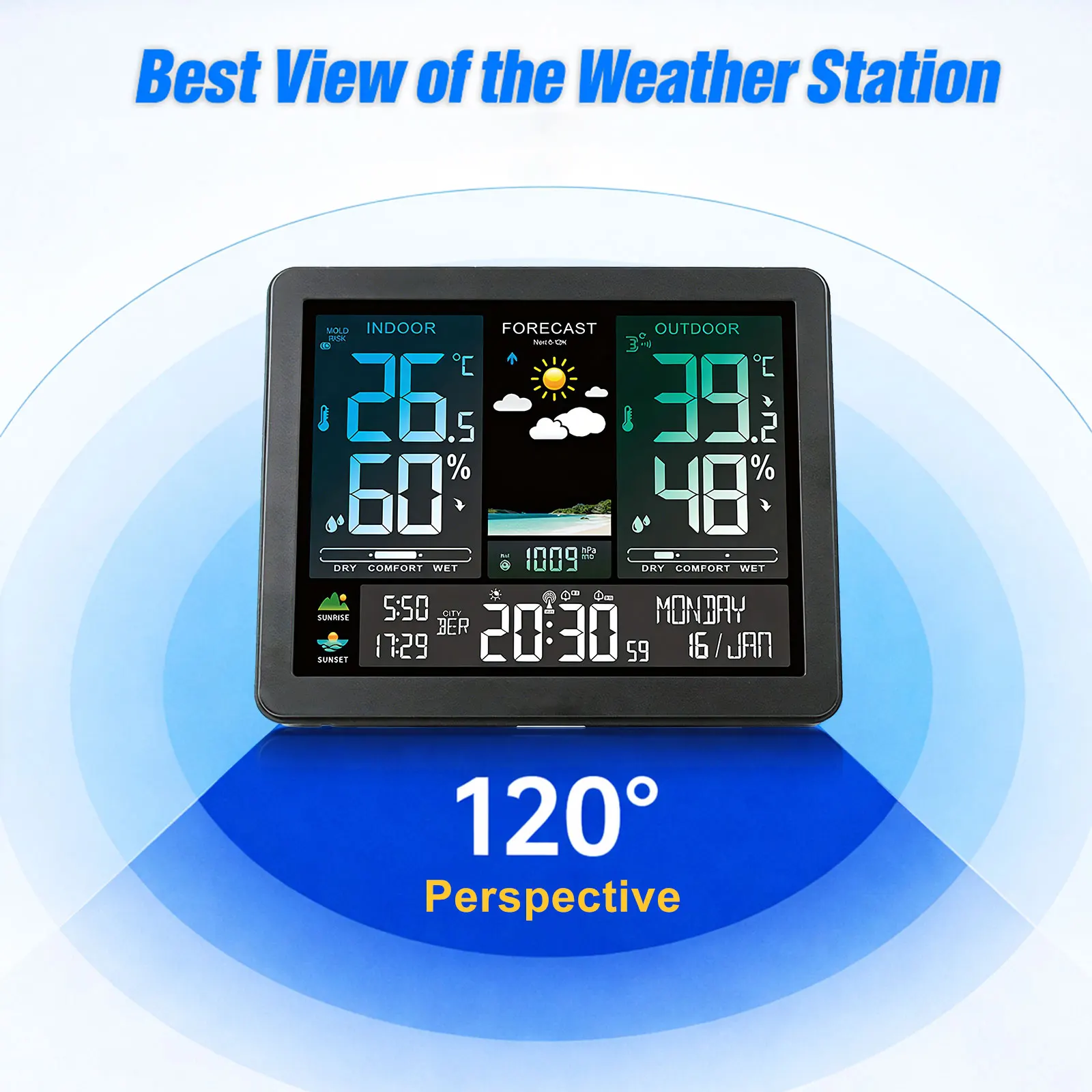 Digital Weather Station with Outdoor Sensor 433MHz Wireless Temperature Humidity Meter Color LCD Dual Alarm for Home