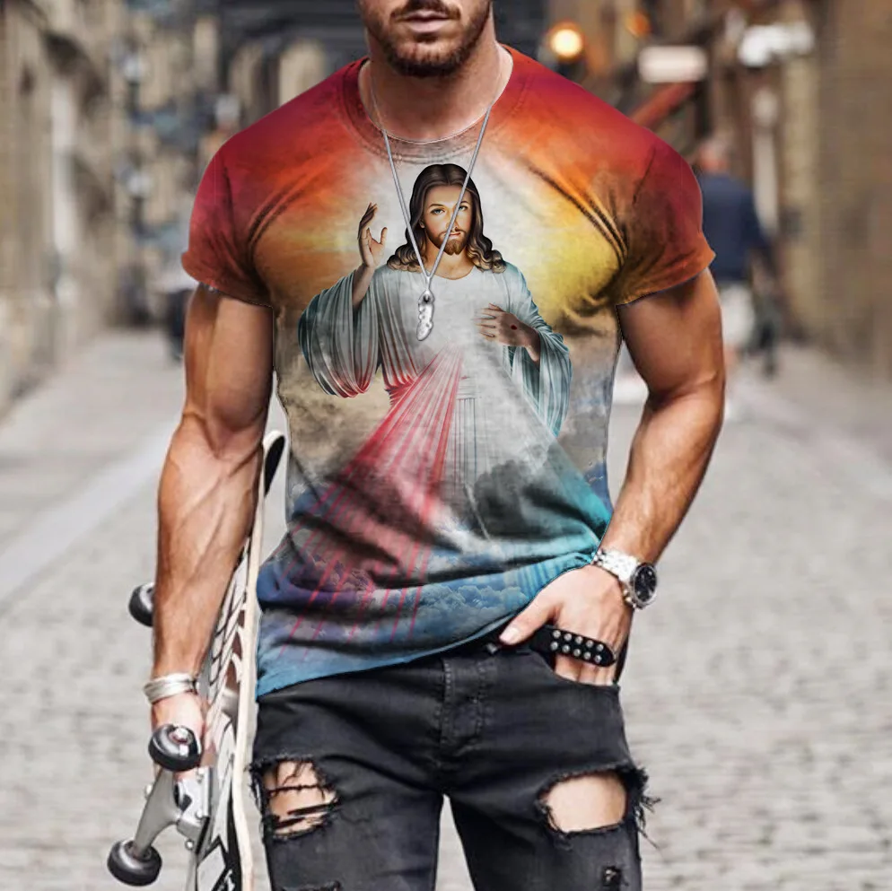 2024 New Summer Men's T Shirts Casual European American Street Tshirts Jesus 3D Printed Fashion Looose Men Short Sleeved T-shirt