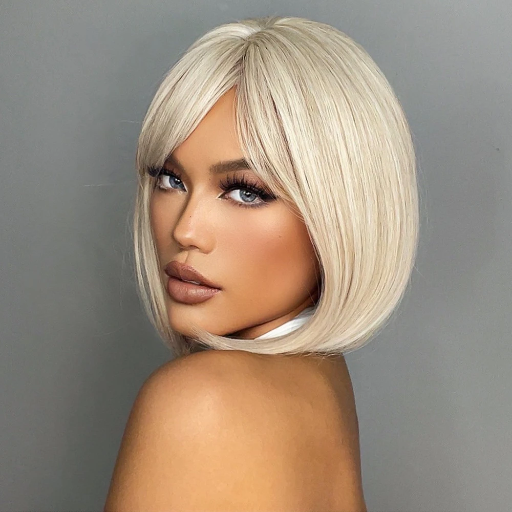 White Blonde Gray Synthetic Wigs with Bangs Short Straight Bob Hair Wig for Women Cosplay Daily Natural Hair Heat Resistant