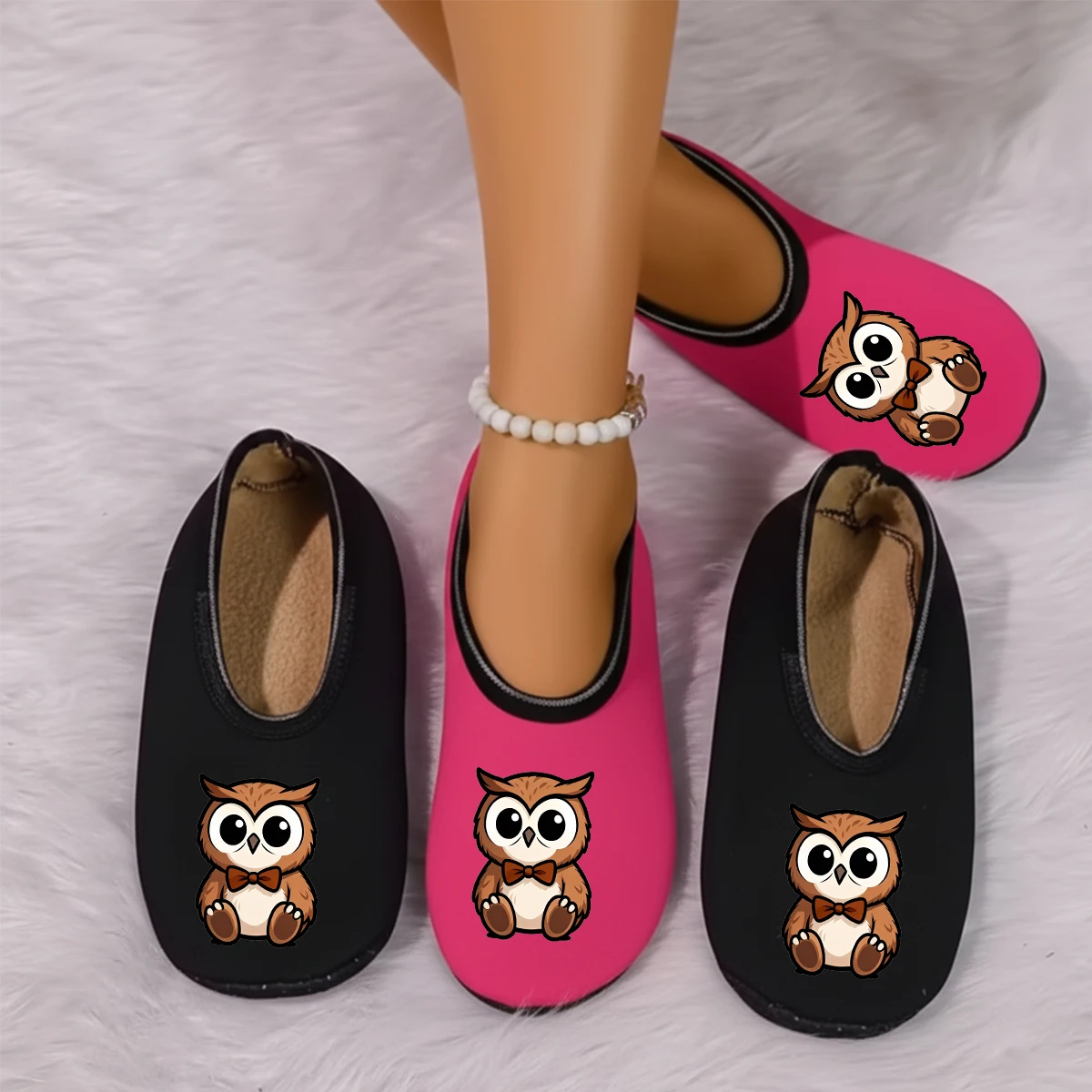

Four season wearable women's animal owl pattern printed suede breathable high elasticity indoor floor slippers