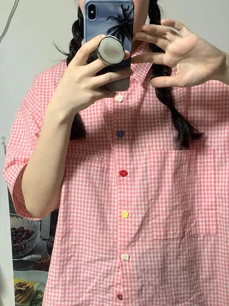 Y2k Aesthetic Pink Plaid Short Sleeve Women Blouse Loose Summer Blusas Vintage Japanese All Match Turn Down Collar Tops