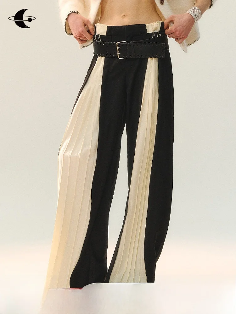 

Casual Pleated Women's Pants Winter Color Block Design Loose Gathered Leisure Trousers High Waist Other Material Floral