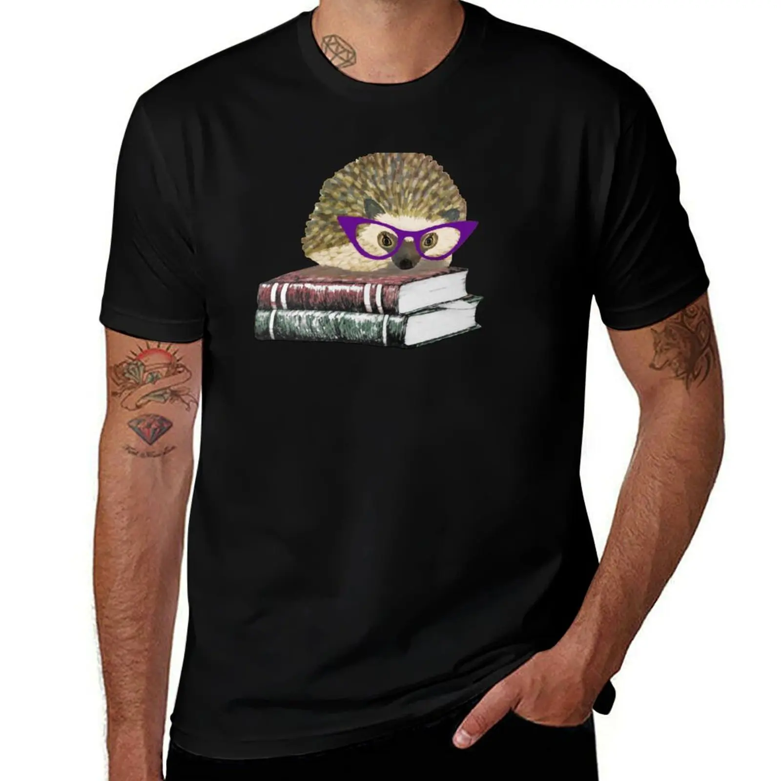 Adorable Literary Hedgehog wearing Glasses T-Shirt graphic t shirts baggy shirts Men's clothing