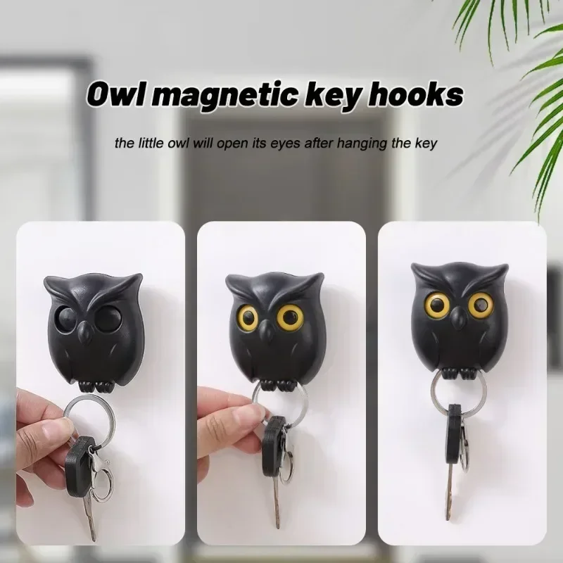 Auto Open Close Eyes Night Owl Organizer Hook Wall Hanging Creative Key Hanger Holder Owl Shaped Magnetic Owl Keychain Holder