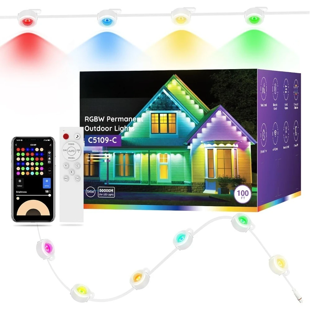 أضواء خارجية دائمة 100ft RGBW شريط LED ذكي مع 72 مصباح LED 111 وضع المشهد App التحكم عن بعد Alexa Google Assistant #1
