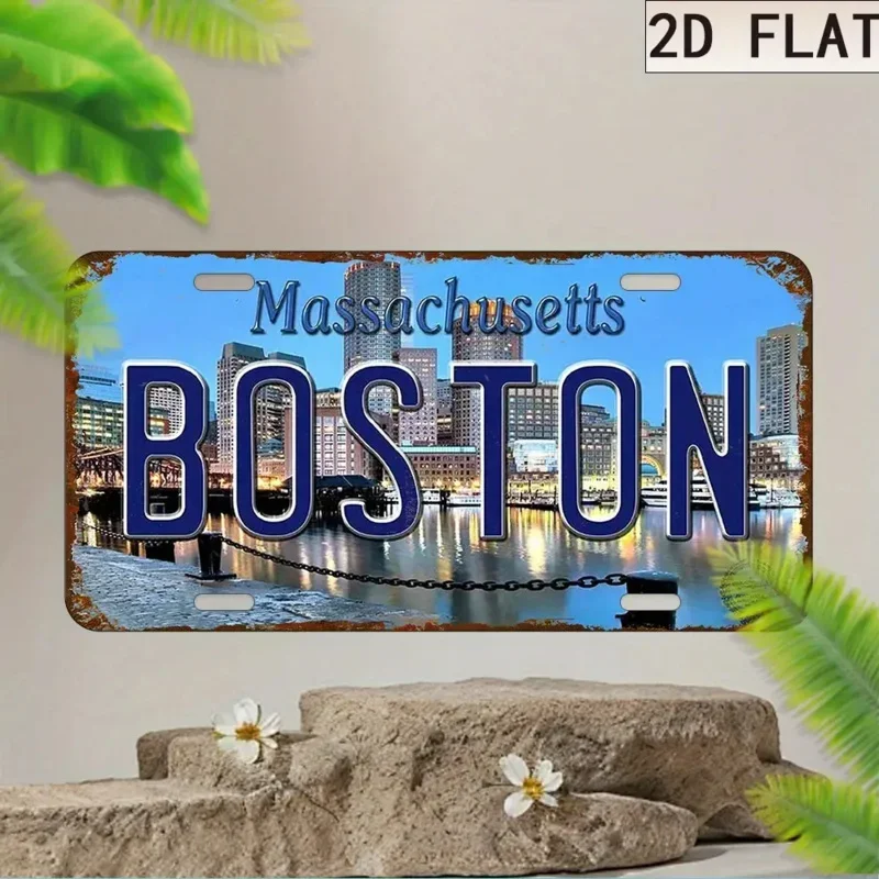 Vintage Massachusetts Boston City Aluminum License Plate 2D Flat Retro Cityscape Car Front Tag Garage Home Wall Decor Sign