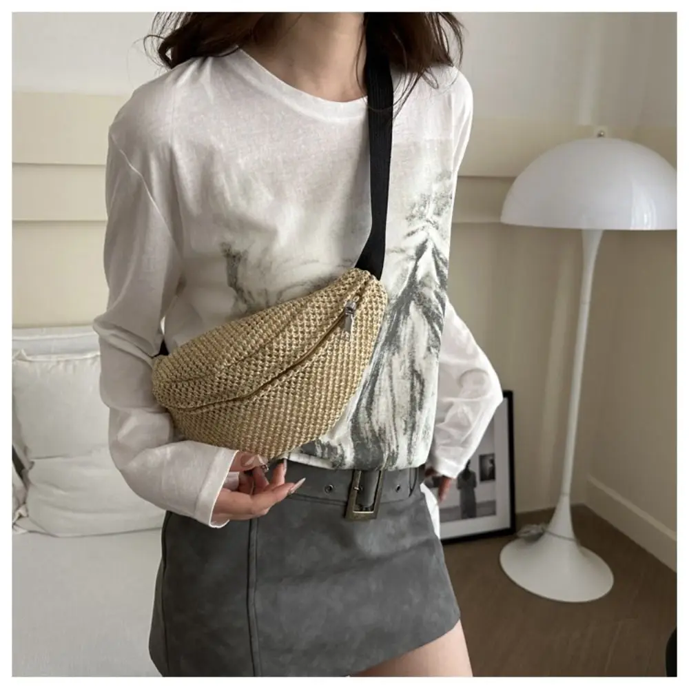 

Half Moon Straw Woven Bag Large Capacity Pocket Phone Bag Woven Handbag Phone Holder Anti-theft Adjustable Sports Pouch