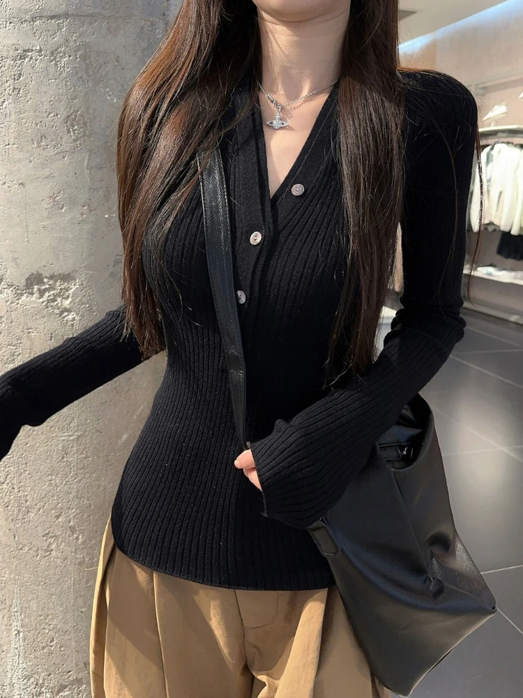 

Горячий дизайн для девочек, вязаный свитер с v-образным вырезом и длинными рукавами, женский винтажный повседневный узкий осенний тонкий футболки, модный элегантный тонкий трикотаж