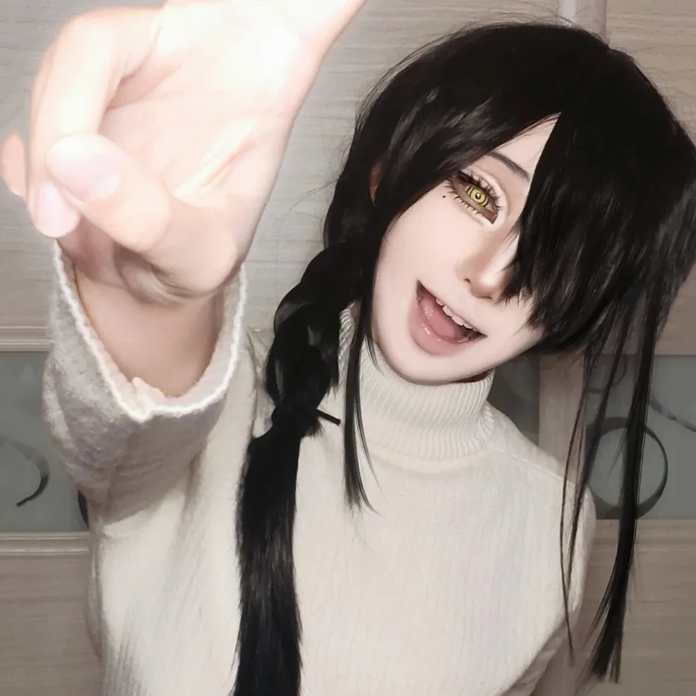 Anime motosserra homem tayuta cosplay peruca feminina lolita preto cabelo longo resistente ao calor perucas sintéticas halloween carnaval prop