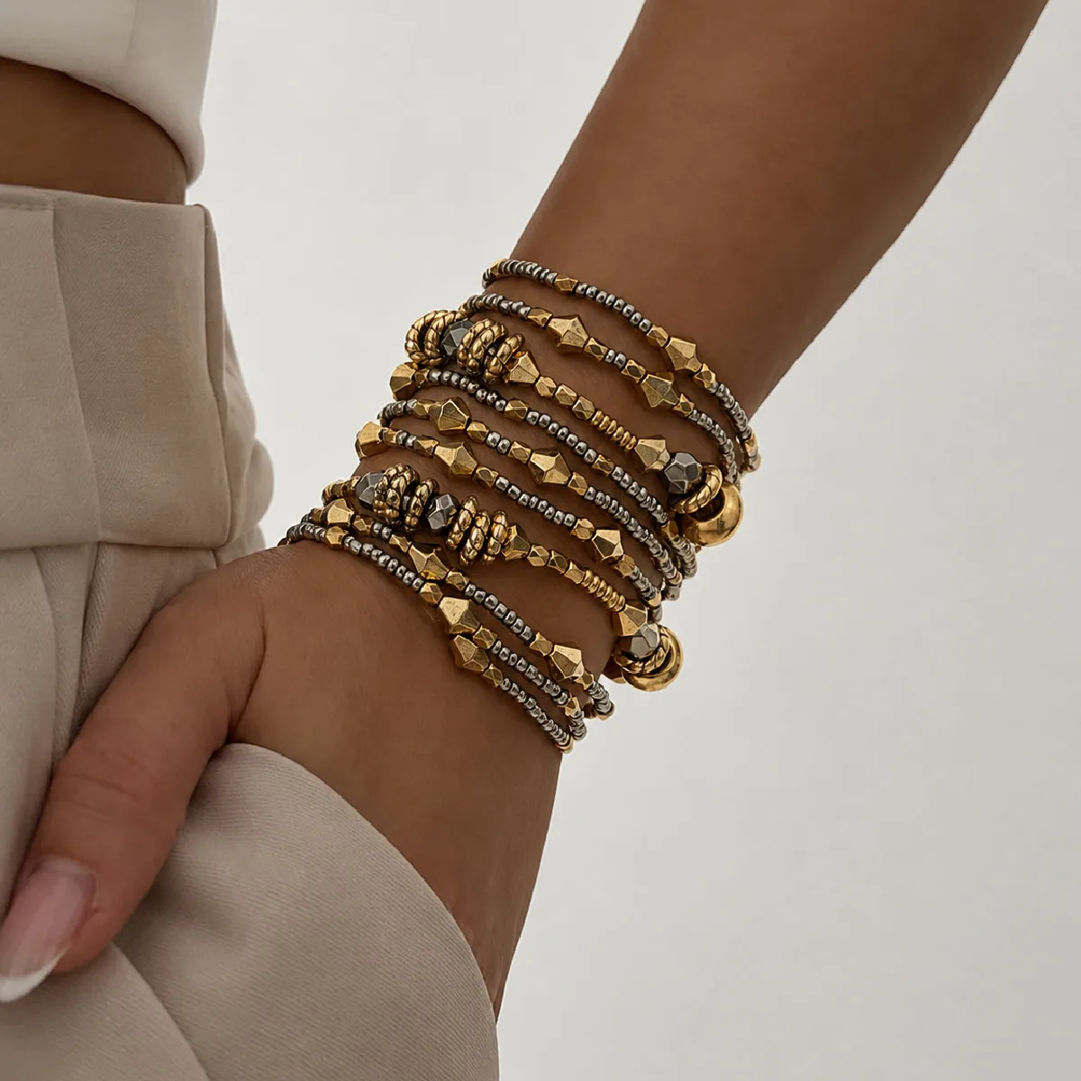 KunJoe 10Pcs/Set Vintage MultiLayer Stackable CCB Beaded Bangle for Women Punk Irregular Bead Cool Bracelets Daily Party Jewelry
