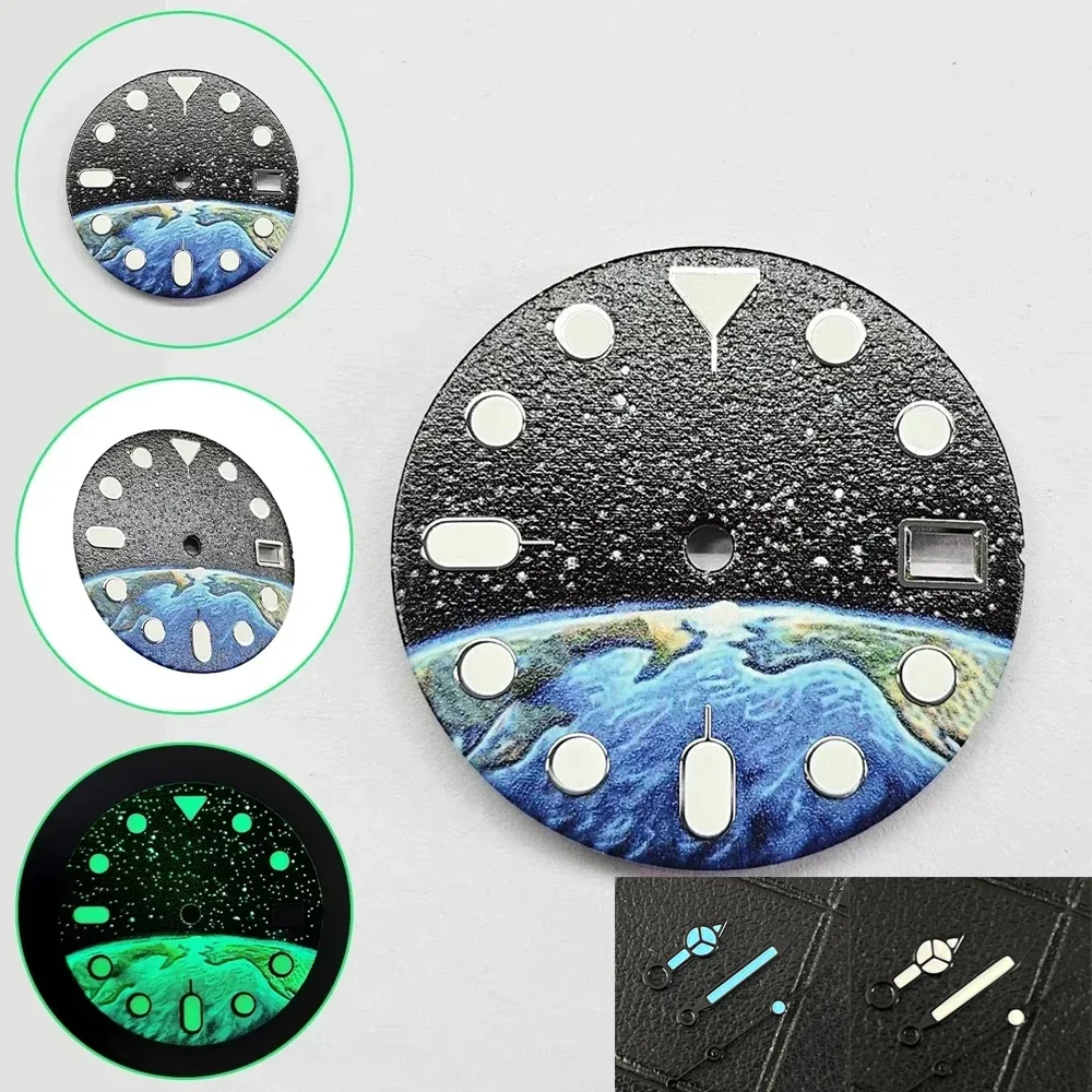 جديد NH35 ساعة الطلب 28.5 مللي متر السماء المرصعة بالنجوم الأرض الهاتفي الأخضر مضيئة ساعة الوجه تعديل ساعة اكسسوارات لحركات NH35 NH36