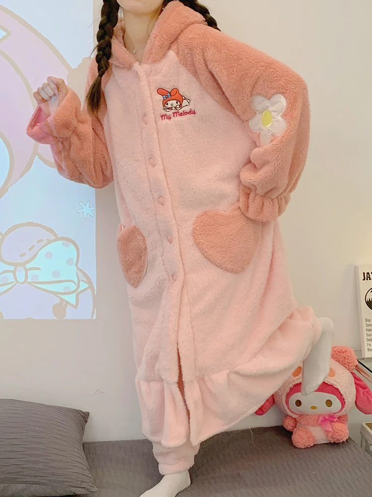 Kawaii Sanrios My Melody Robe Pajamas Cute Cartoon Anime Winter Warm Thick Coral Fleece Sleepwear Homewear Sets Birthday Gift