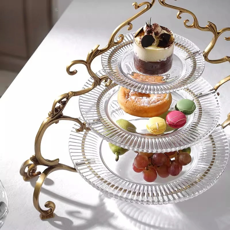 High-end light luxury brass crystal three-layer fruit plate European dining table coffee table fruit dessert table tray ornament