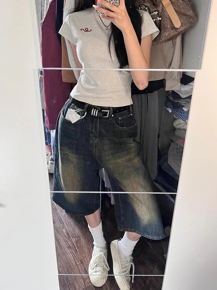 

Женские летние американские потертые джинсовые шорты до середины икры Y2k, свободные широкие прямые укороченные брюки, винтажные повседневные капри