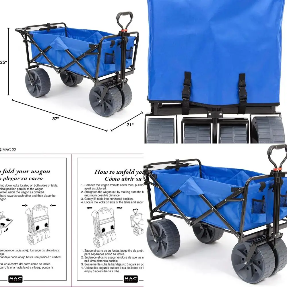 

Прочная пляжная тележка с приставным столиком — складная сумка с большими колесами для приключений на свежем воздухе, пикников, кемпинга | Синий/Черный