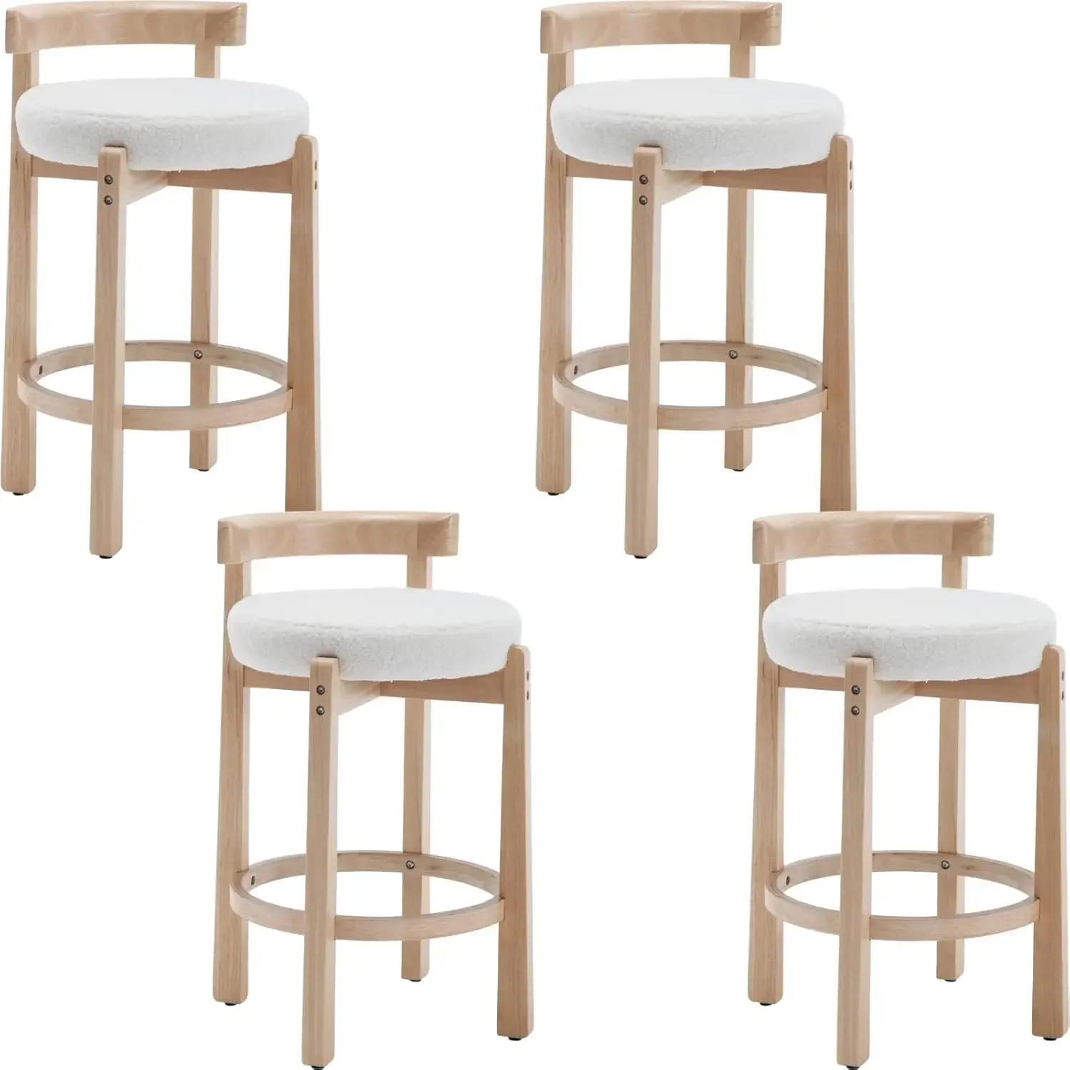 Mid-Century Bar Stools Set of 4, 26.5 Inch Sherpa Counter Height Upholstered Barstools Kitchen Island Dining Room, White