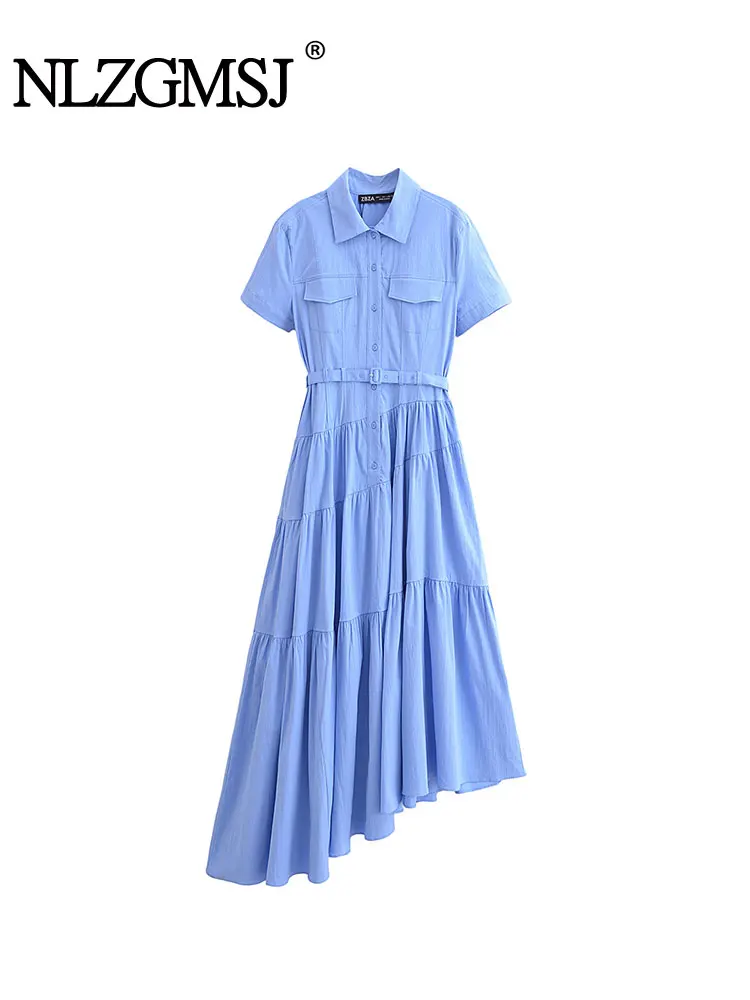 TRAF 2024 Women's Fashion Belt Decoration Casual Shirt Style Wide Pleated Midi Dress Short Sleeved Button Women's Dress