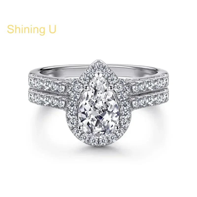

Shining U S925 Silver Pear High Carbon Diamond Ring Set Fine Jewlery for Women Wedding Summer