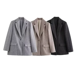 Willshela Women Fashion With Pockets Solid Single Button Blazer Vintage Notched Neck Long Sleeves Female Chic Lady Outfits