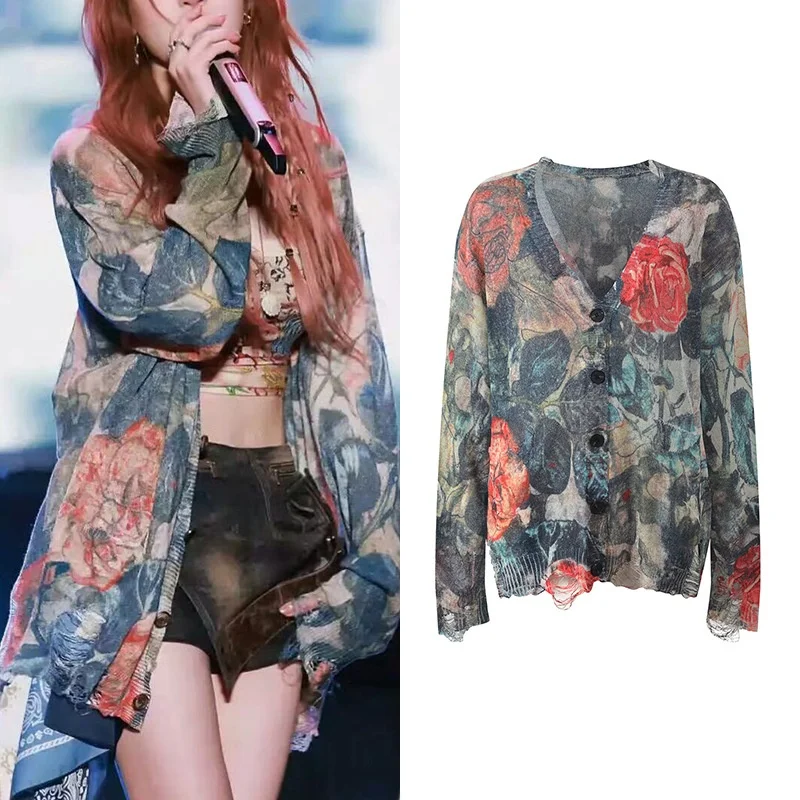 

Zhaolu, лето 2023, новый легкий свободный вязаный открытый кардиган с принтом роз, ультратонкий женский вязаный топ из ледяного шелка для поездок на работу...