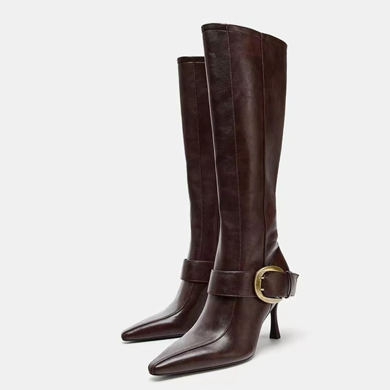

Женские высокие сапоги Liyke в винтажном стиле из коричневой искусственной кожи с пряжкой и молнией, осенне-зимние элегантные сапоги челси на тонком высоком каблуке