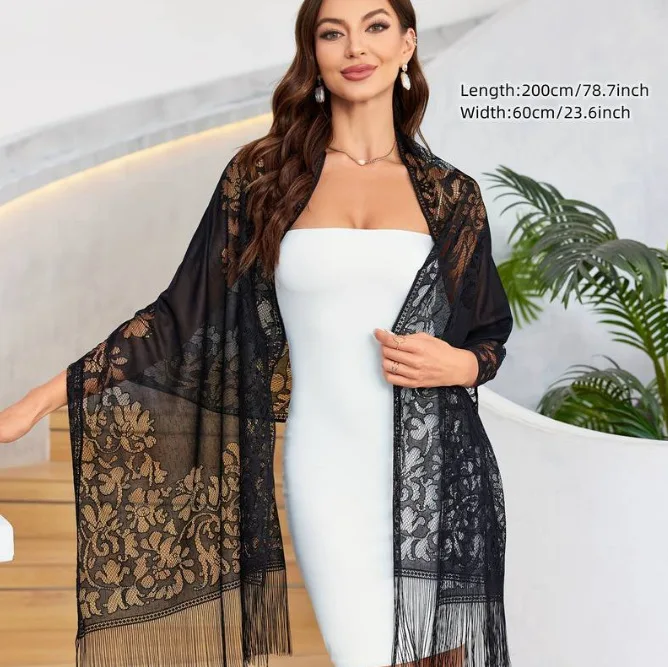 New summer lace hollow fringed shawl women's sunscreen beach blouse elegant celebrity style long yarn beach towel