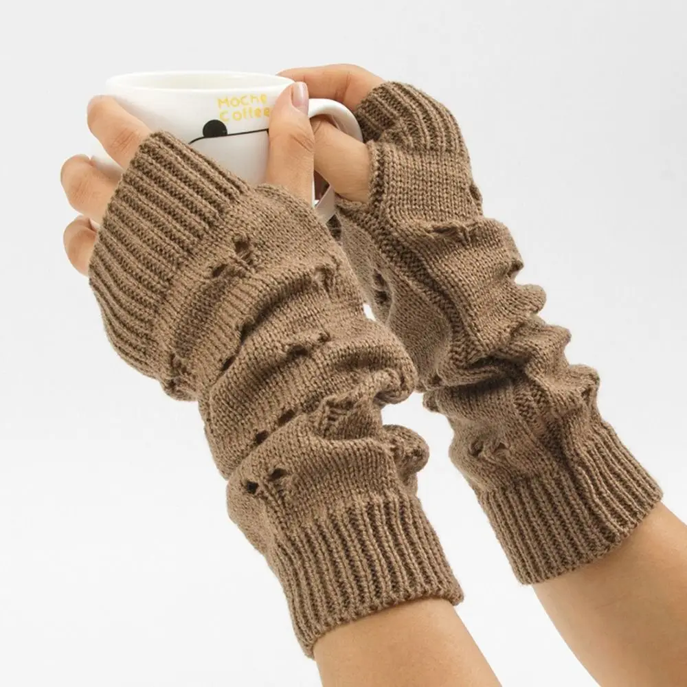 1Pair Knitted Fingerless Gloves Hollow Out Heart Loose Gloves Touch Screen Half Finger Sleeves Elastic Windproof Gloves