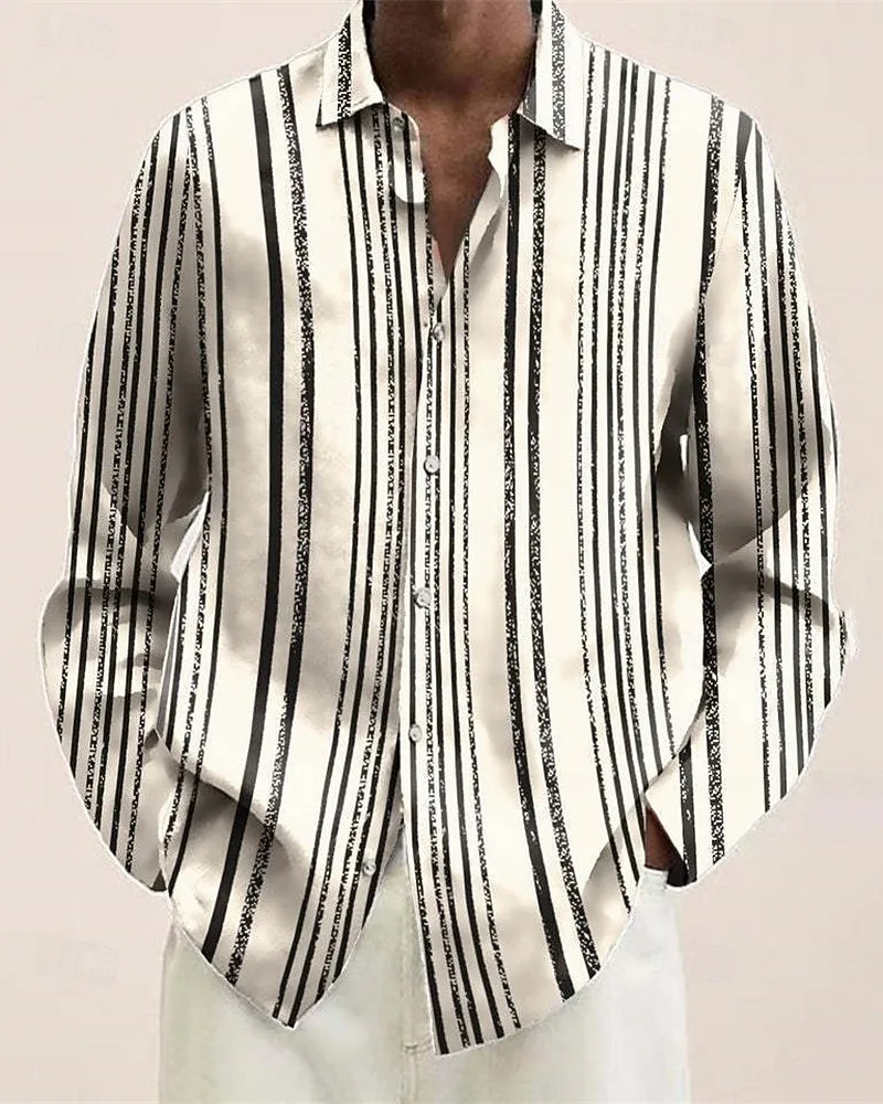 قمصان مطبوعة مخططة على الموضة كبيرة الحجم بأكمام طويلة صدر واحد بوهيمي لخريف 2025 بلوزة جديدة ملابس للعطلات للرجال #4