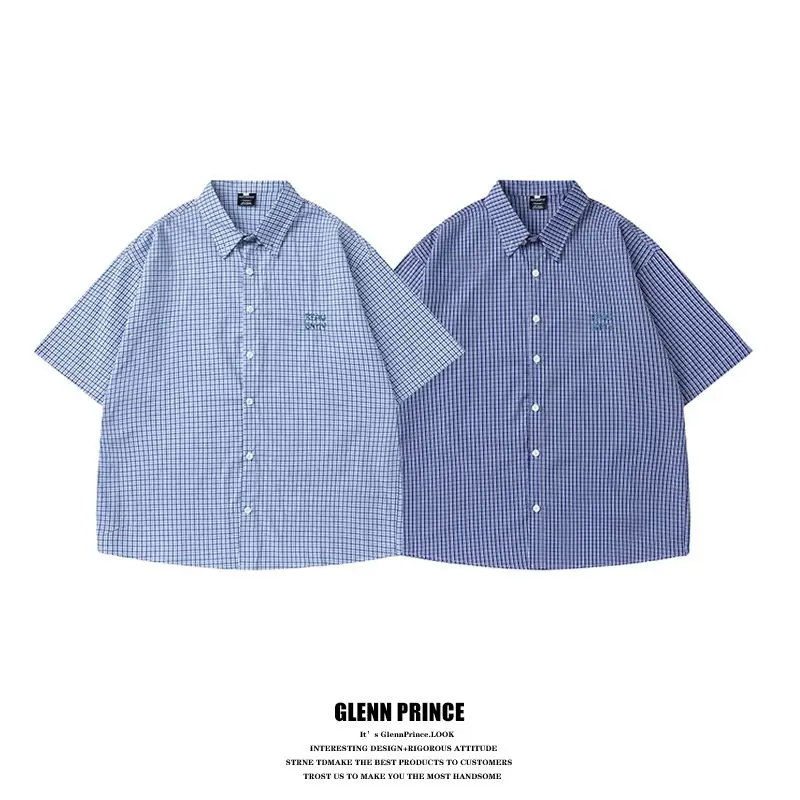 BEIANJI shirts for men Japanese retro embroidered fine plaid short-sleeved shirt men's 2025 summer lazy loose silhouette shirts