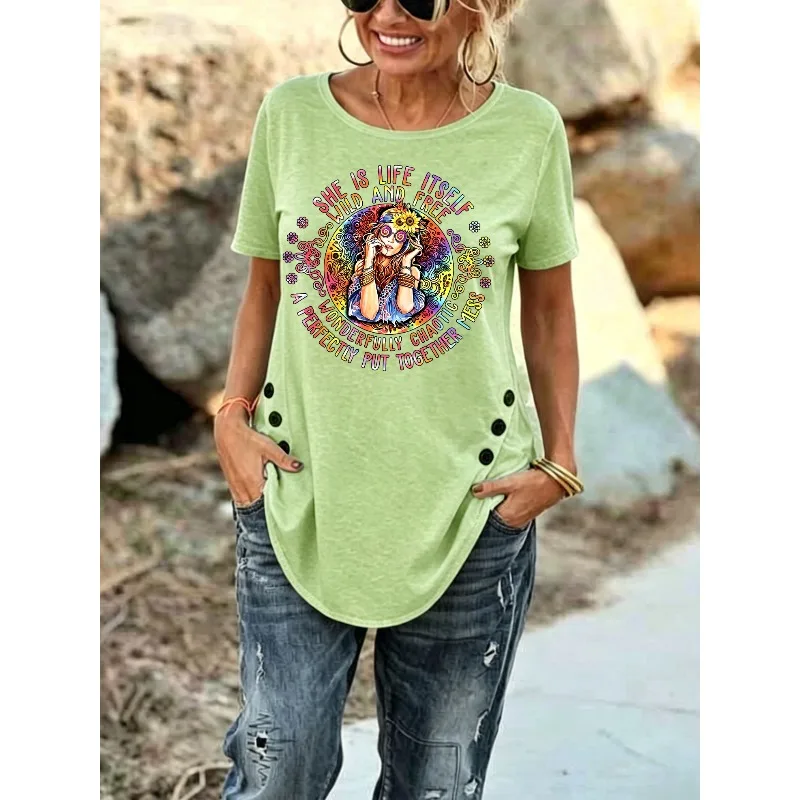 ilstile Women's Hippie Flower Print T-Shirts Summer Short Sleeve Casual Loose Round Neck Tops Tees White
