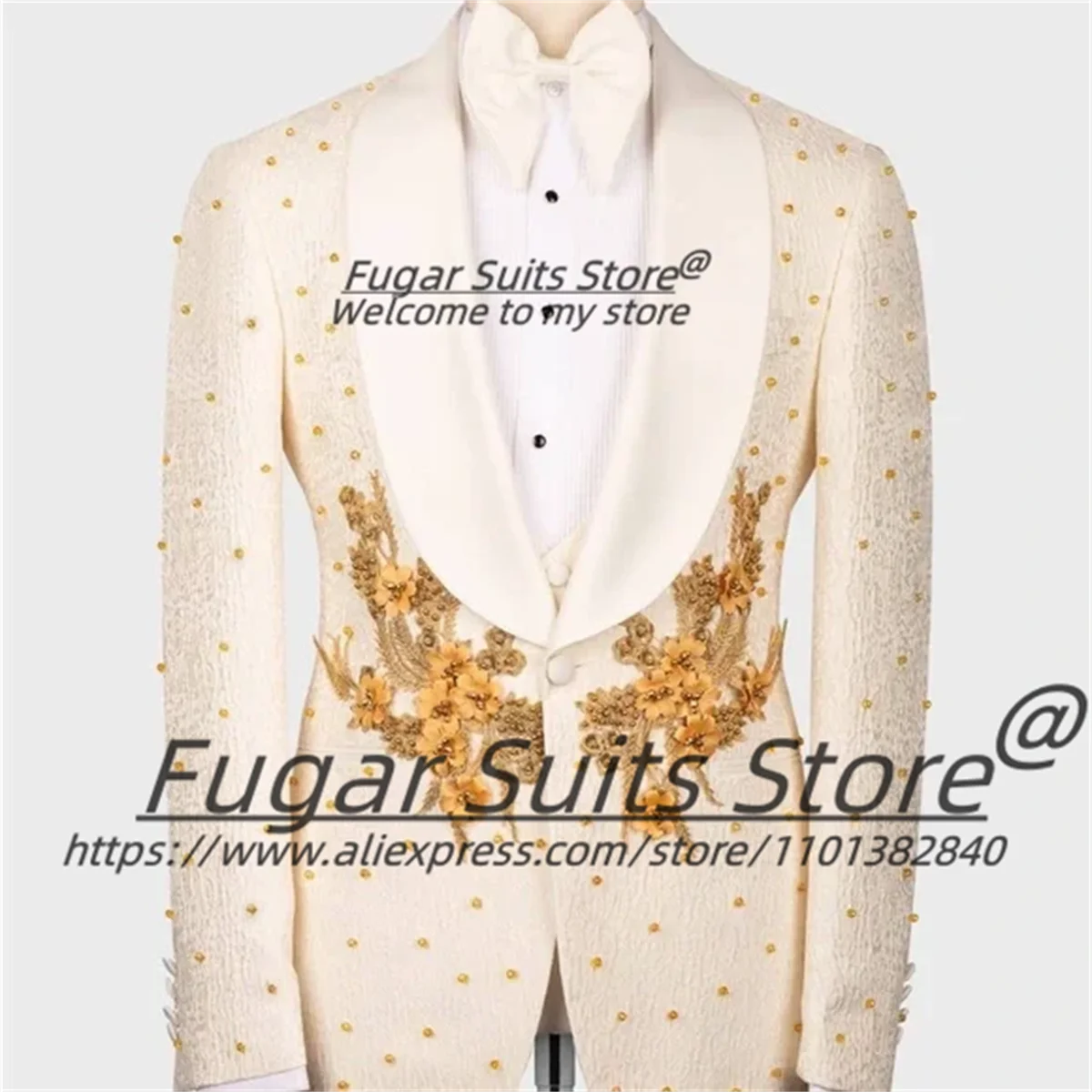 

Fashion 3D Flower Decal Male Blazers Luxuly Beadwork Men Suits Slim Fit Shawl Lapel Groom Tuxedos 3 Pcs Sets Prom Ropa Hombre