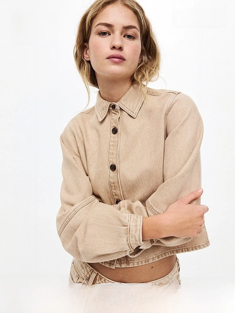 

H&M Women's Casual Style Denim Shirt Fashionable Leisure Cotton Lyocell Fabric Long Sleeve Button up Collar Spring Summer