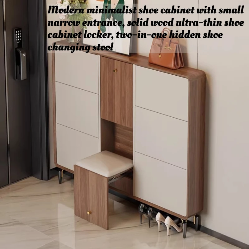 

Modern Slim Shoe Cabinet Entryway Narrow Wooden Storage Bench Hallway Furniture Space Saving Hidden Seat Organizer With Doors