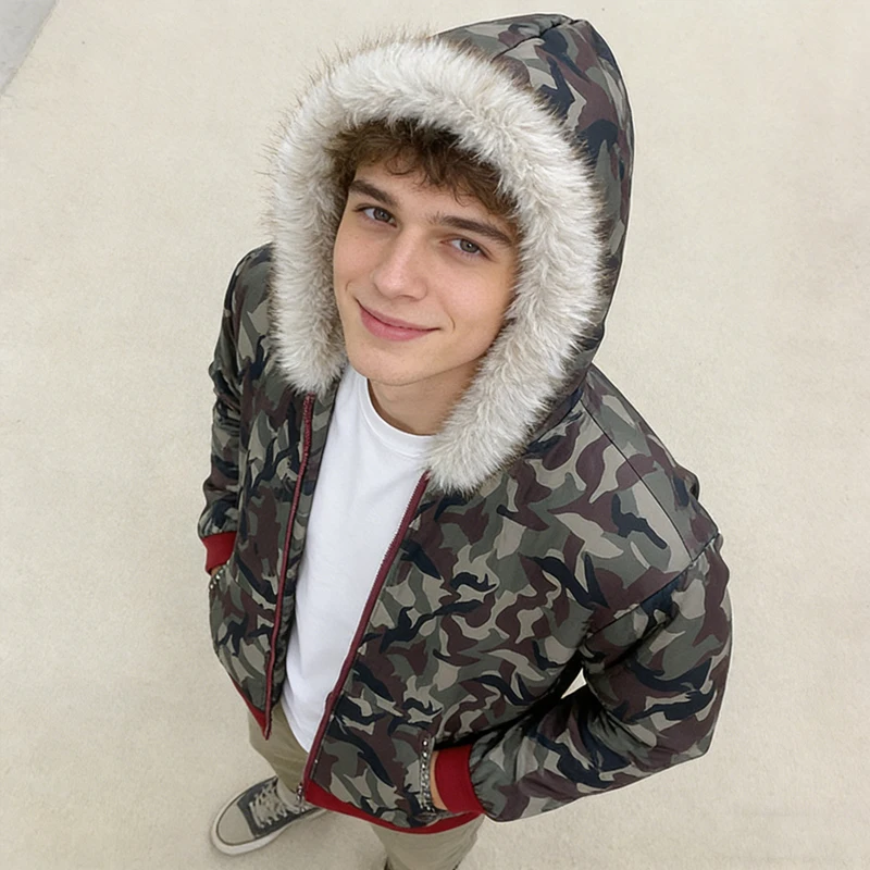 26 new autumn and winter camouflage fur collar hooded sweatshirt zipper fashionable casual top men's and women's outerwear