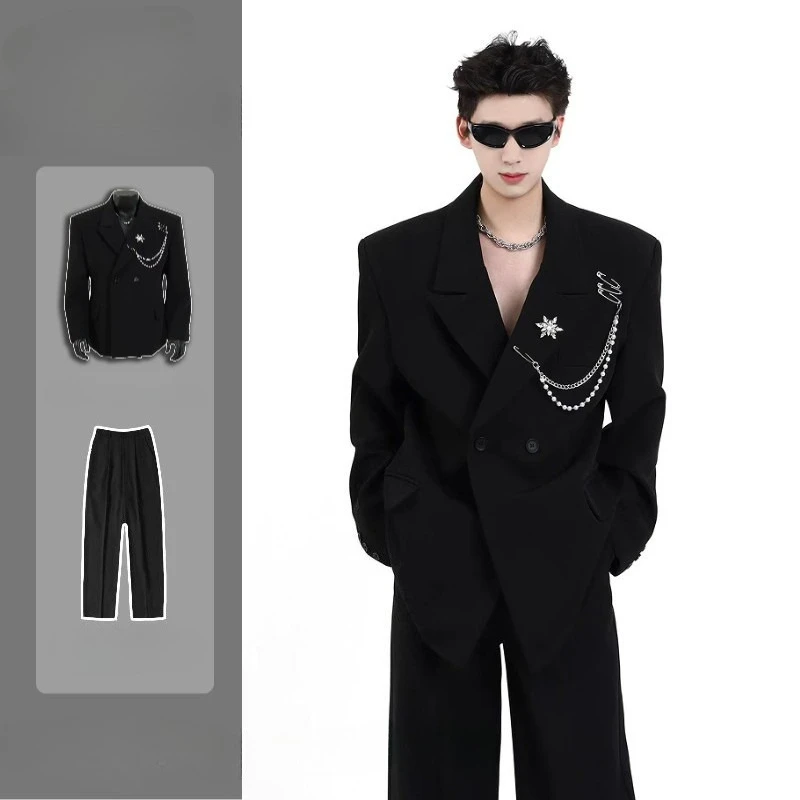 2026 New Men's Black Blazer Set Luxury Slim Fit Padded Shoulder Streetwear Jacket Casual High End Design Coat