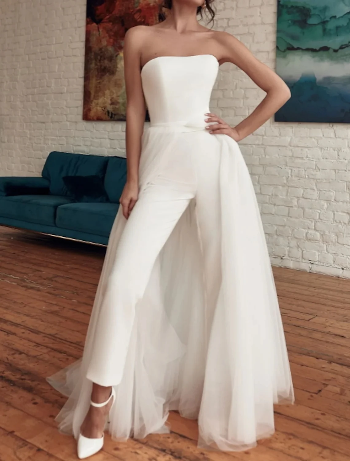 

2023 Jumpsuits Wedding Dress With Detachable Train Sleeveless Strapless Tulle Soft Satin Bridal Party Gowns Vestidos De Noiva