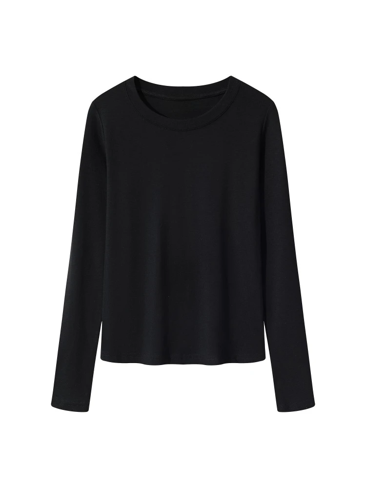 2026 Herbst Winter Damen T-Shirt Koreanischer Minimalistischer O-Ausschnitt Langarm-Shirt Einfarbig Weich Schmal Geschnitten Lässiges Innen-Oberteil zum Überziehen – Detail 4