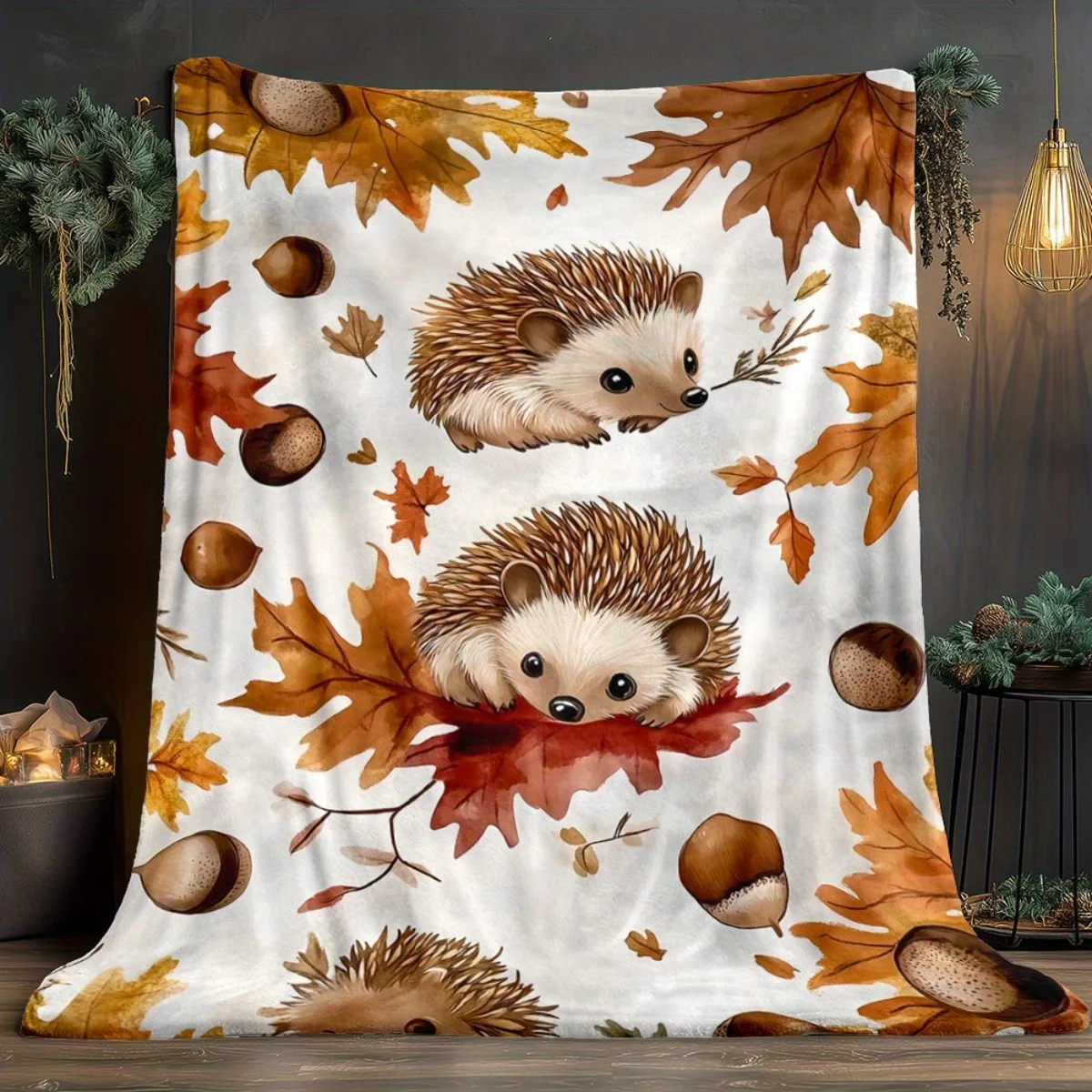 Custom Hedgehog Blanket Autumn Leaves Acorn Pattern Personalized Name Fleece Throw All Season Soft Warm Bedding Home Decor Gift