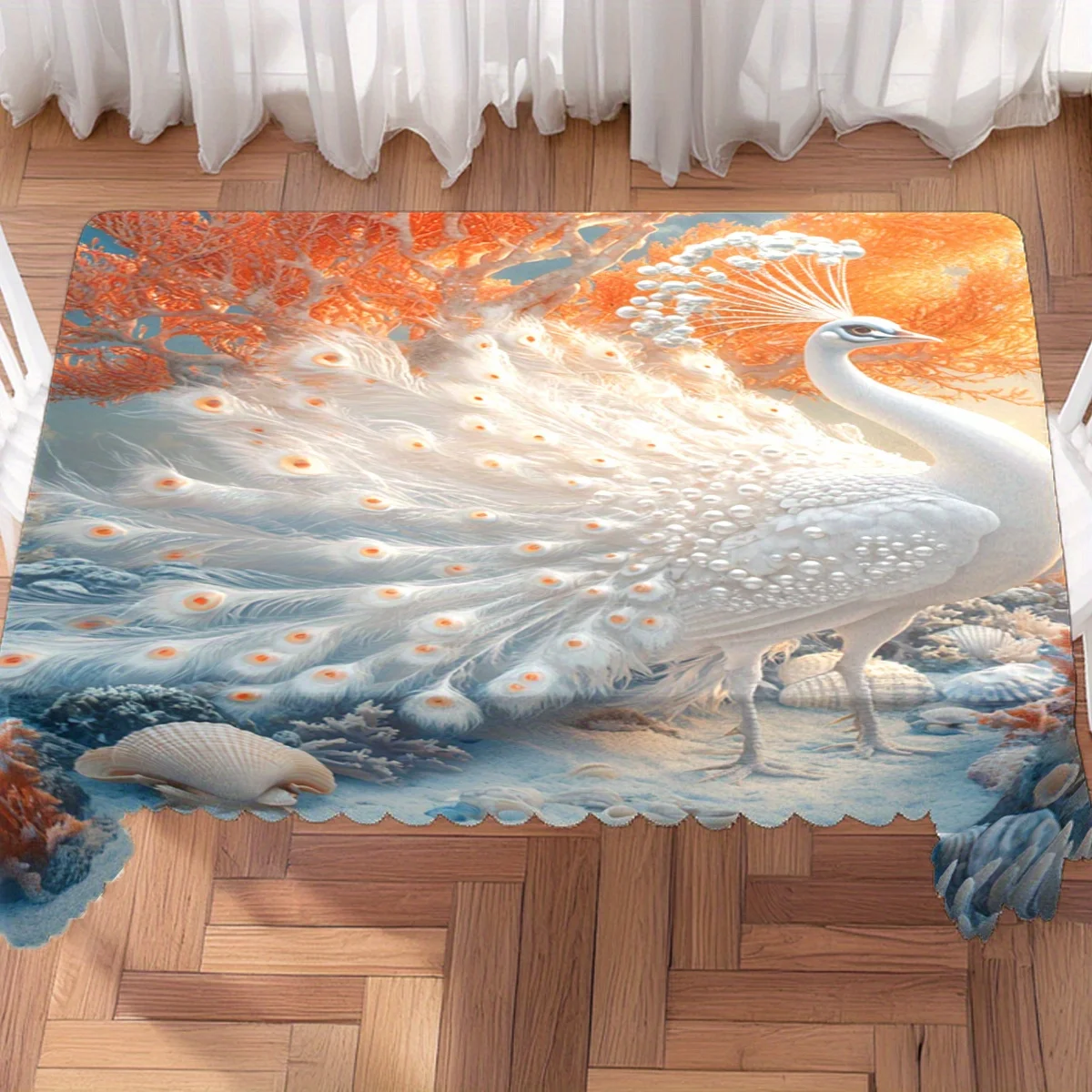 White Peacock Coral Seashell Tablecloth, Rectangular Washable Table Cover for Dining Room & Elegant Family Party Decoration