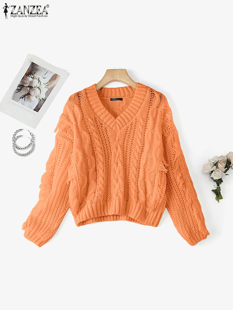 Women Fashion Autumn Knitted Sweaters ZANZEA 2025 Tassel Pullovers Casual Solid Long Sleeve Jumpers V-Neck Loose Elegant Shirts
