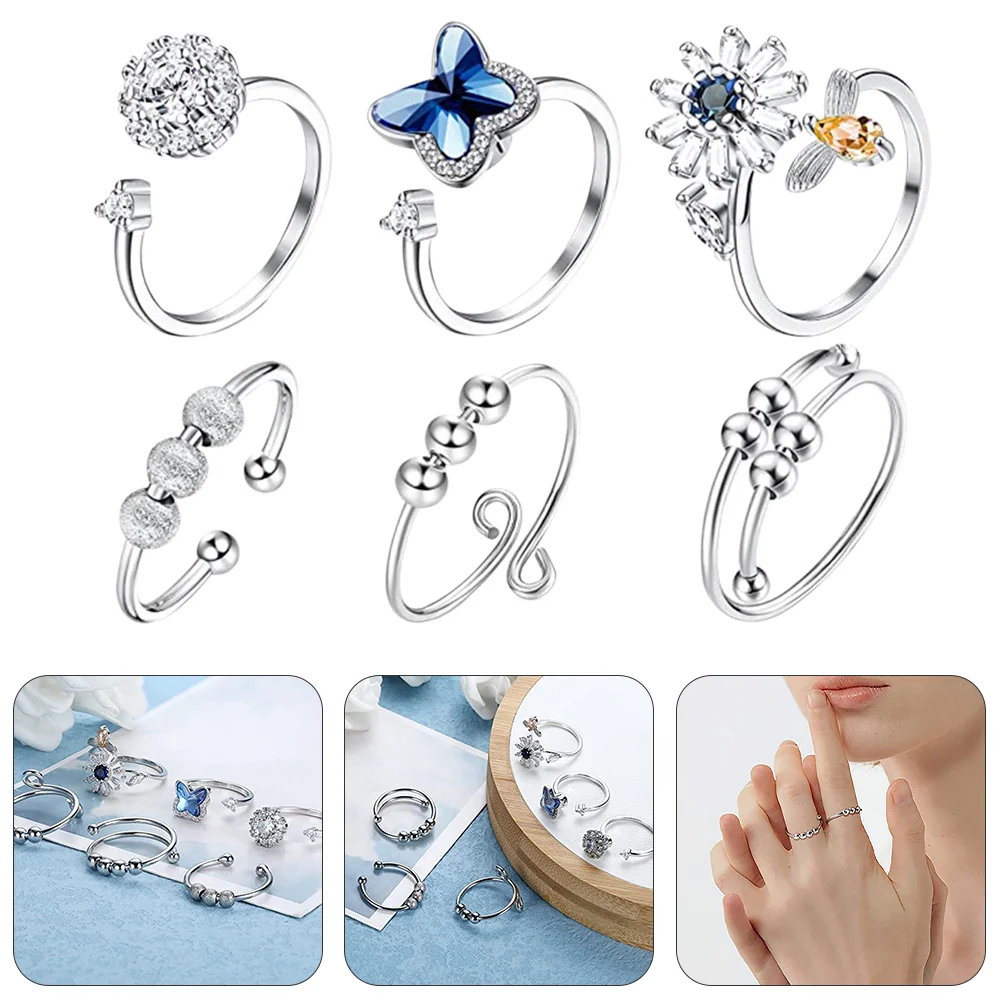 

6 Pcs Adjustable Swivel Ring Beads Finger Jewelry Sunflower Decor Women Copper Anxiety Relief