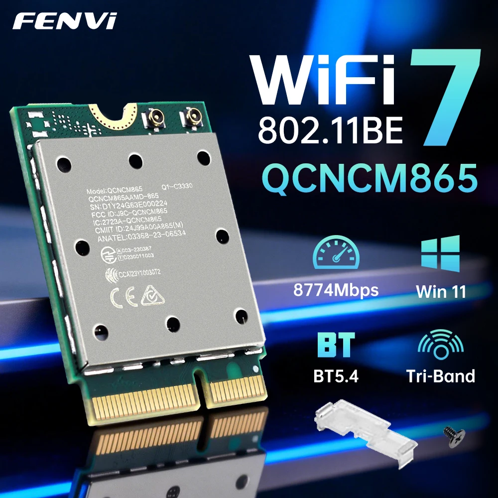 

FENVI WiFi 7 QCNCM865 NGFF M.2 Card BT 5.4 Network Card Tri-Band 2.4G/5G/6GHz with 4K QAM Wi-Fi 7 WiFi 6E WiFi 6 for Windows 11